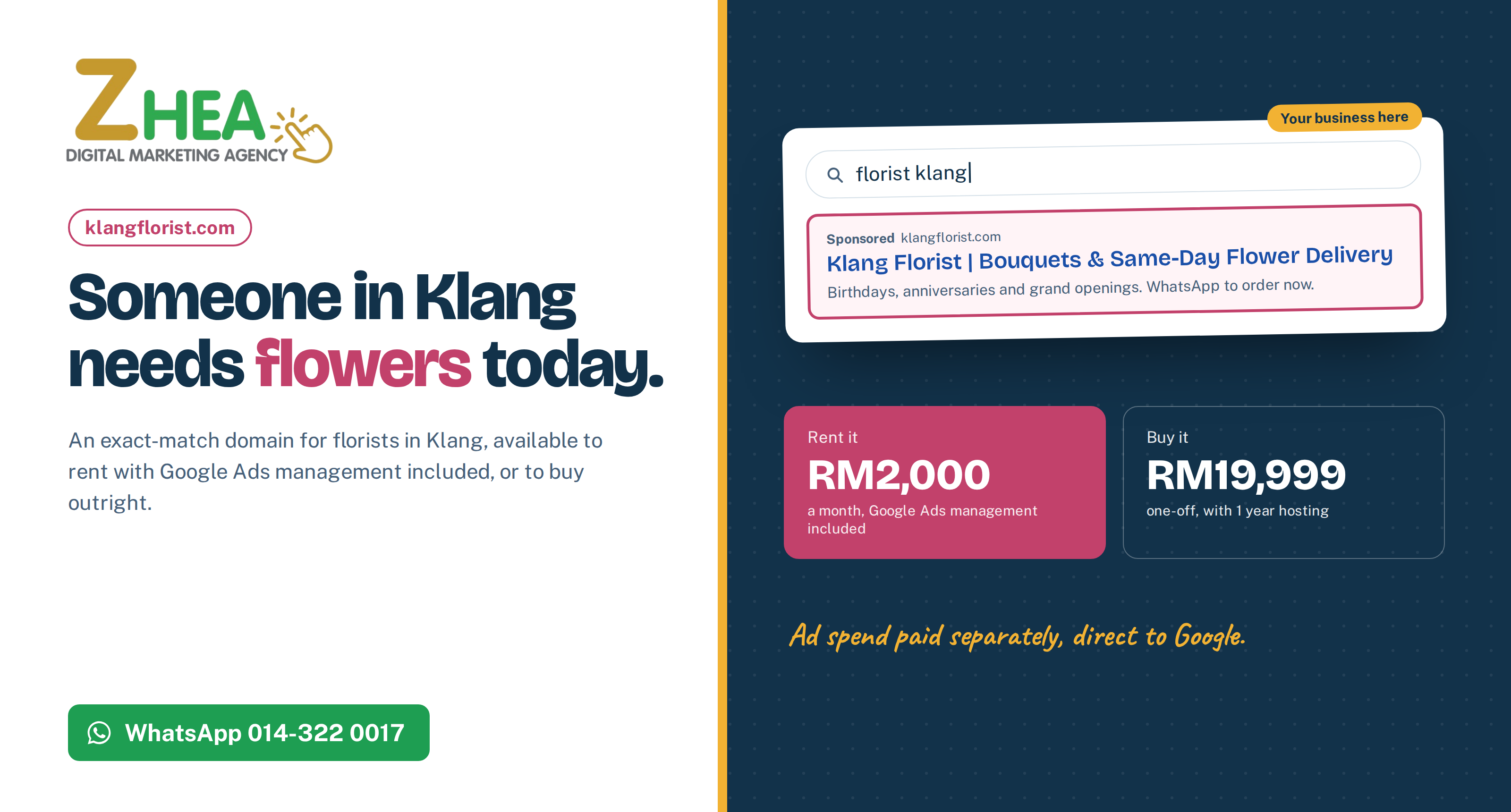 Klang florist website for rent or sale: klangflorist.com, rent for RM2,000 a month with Google Ads management included, or buy for RM19,999